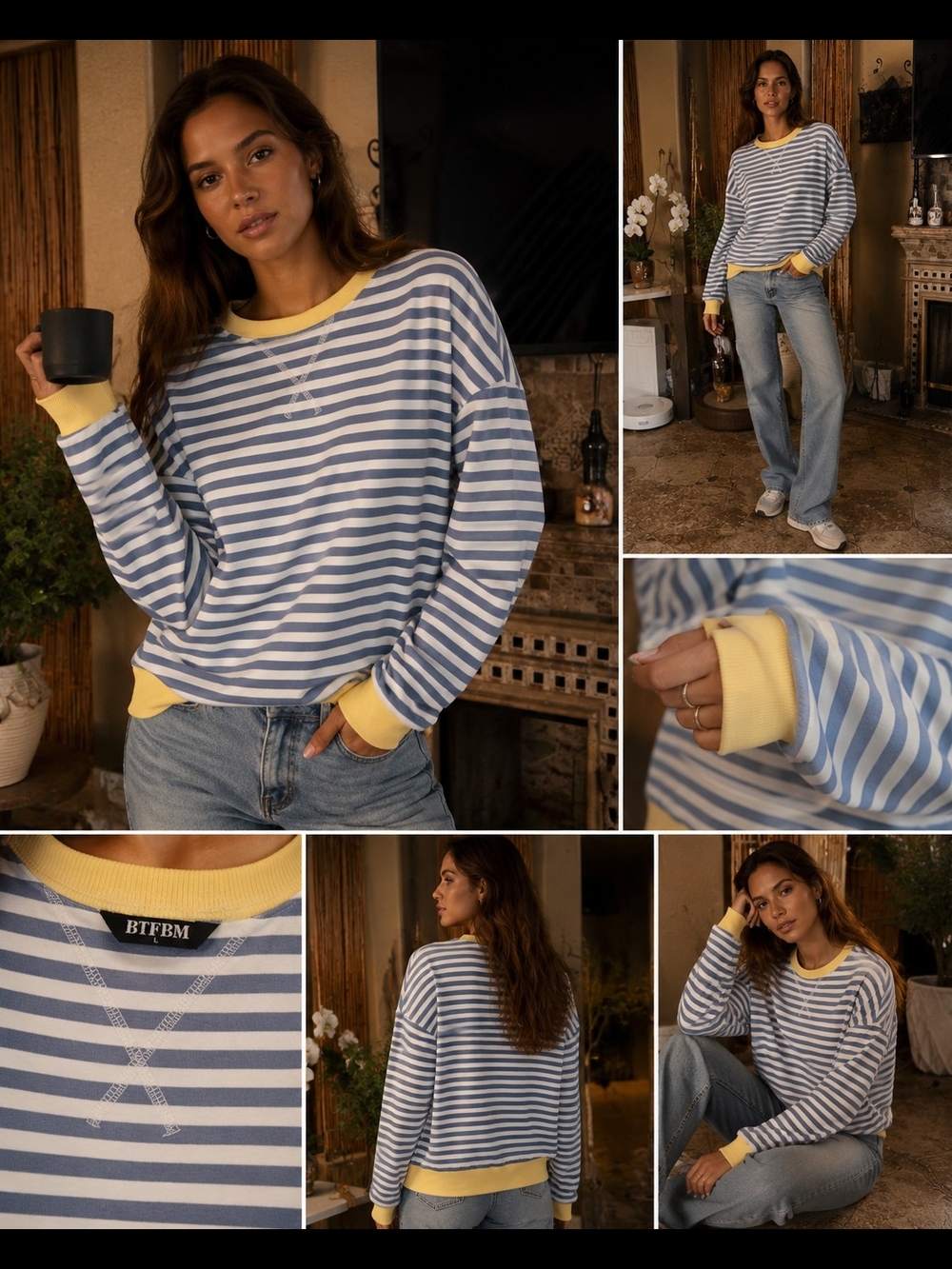 Blue & White Striped Sweatshirt with Yellow Trim, Size L